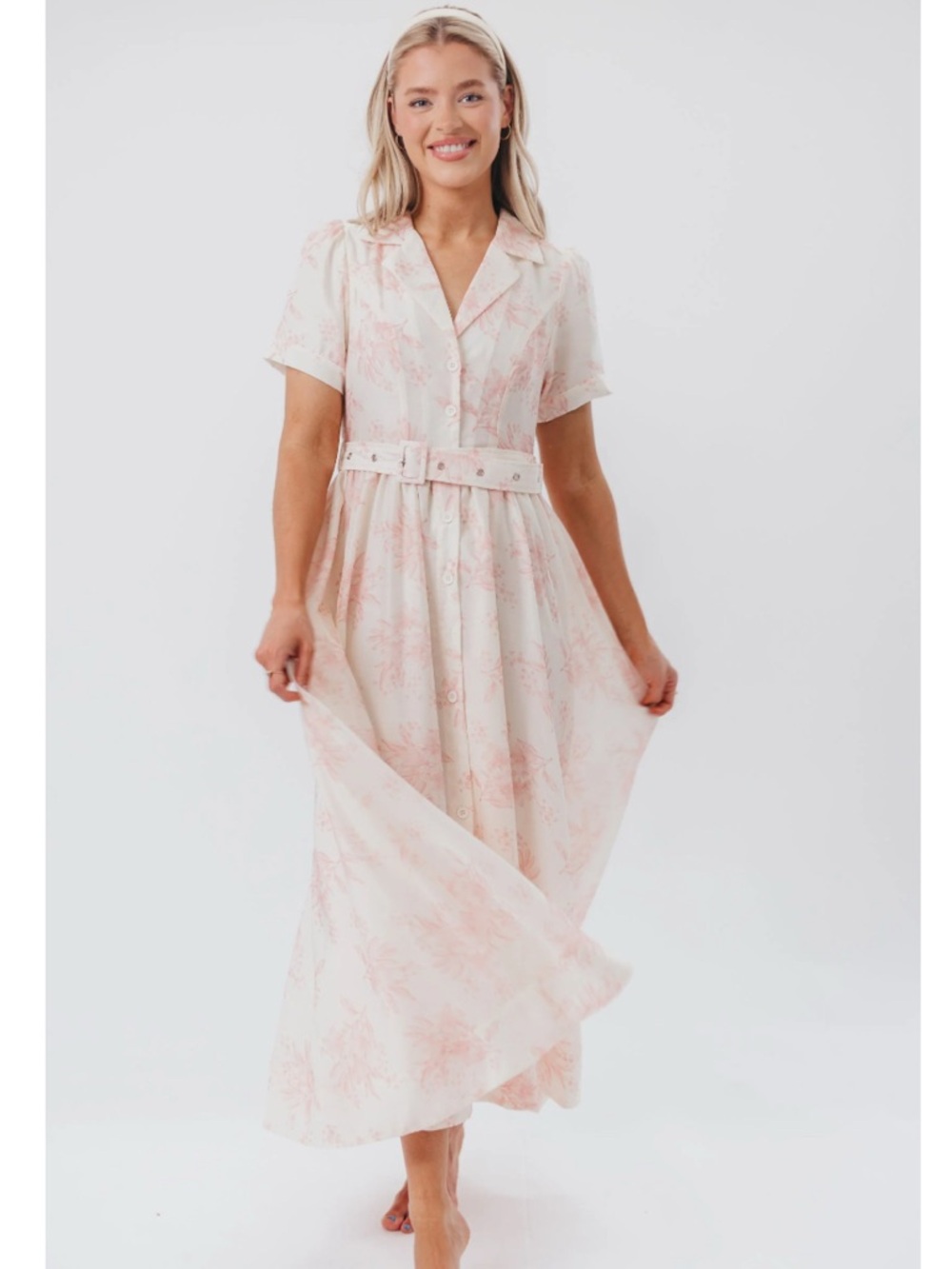 MABLE Gracie Button Down Floral MIDI Dress Belted in Pink NWT size Large